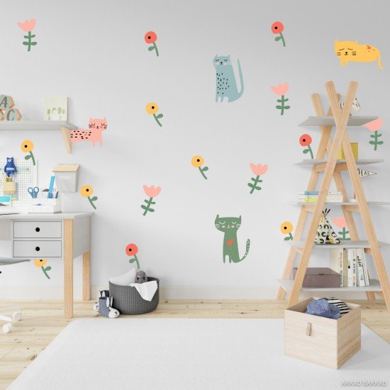 Flowers and Cat Wall Decal