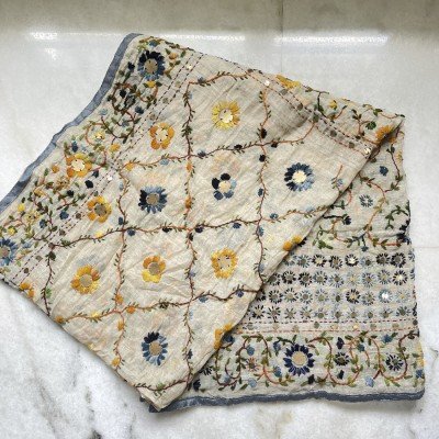 Yellow Flower Embroidered Phulkari Scarf  Yellow Flower Embroidered Phulkari Scarf