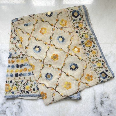 Yellow Flower Embroidered Phulkari Scarf  Yellow Flower Embroidered Phulkari Scarf