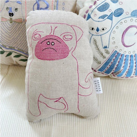 Chambray Pug Embroidered Shaped Cushion
