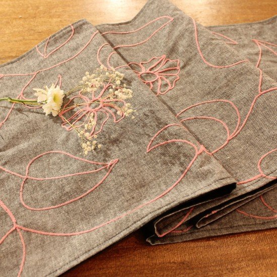 Flower Embroidery Black Chambray Table Runner