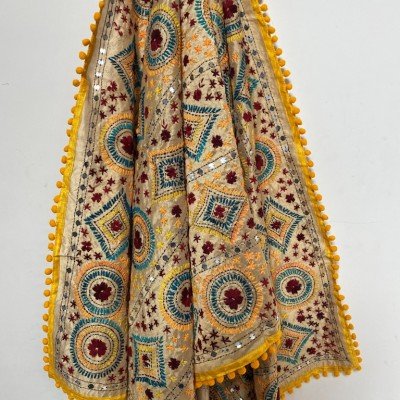 Yellow Geo Embroidered Phulkari Scarf  Yellow Geo Embroidered Phulkari Scarf