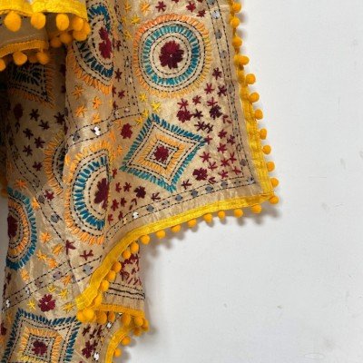 Yellow Geo Embroidered Phulkari Scarf  Yellow Geo Embroidered Phulkari Scarf