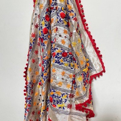 Red Dormo Embroidered Phulkari Scarf  Red Dormo Embroidered Phulkari Scarf