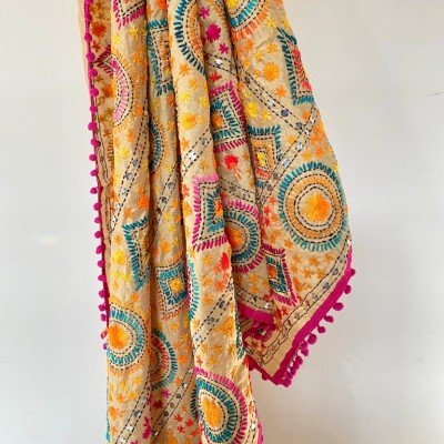 Pink Blue Geo Embroidered Phulkari Scarf  Pink Blue Geo Embroidered Phulkari Scarf