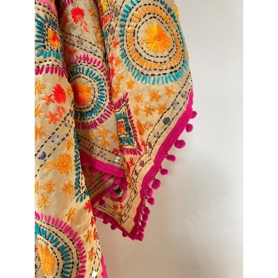 Pink Blue Geo Embroidered Phulkari Scarf  Pink Blue Geo Embroidered Phulkari Scarf