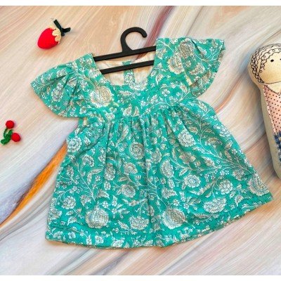 Chrysanthemum Capri Blue Cotton Printed Dress Chrysanthemum Capri Blue Cotton Printed Dress