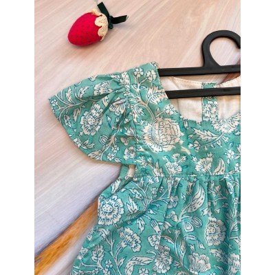 Chrysanthemum Capri Blue Cotton Printed Dress Chrysanthemum Capri Blue Cotton Printed Dress