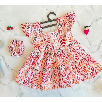 Leaves Floral Red Linen Printed Dress Leaves Floral Red Linen Printed Dress