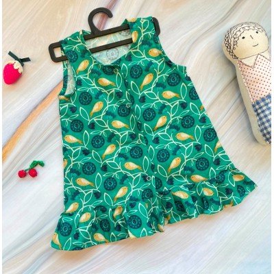 Bird Green Linen Printed Sleeveless Dress Bird Green Linen Printed Sleeveless Dress
