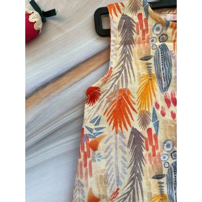 Colorful Feather Linen Printed Sleeveless Dress Colorful Feather Linen Printed Sleeveless Dress