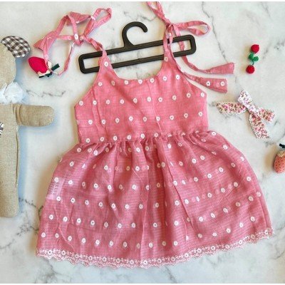 Pink Kota Embroidered Tie knot Dress Pink Kota Embroidered Tie knot Dress