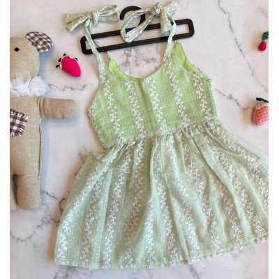 Pastel Green Kota Embroidered Tie knot Dress Pastel Green Kota Embroidered Tie knot Dress