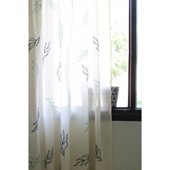 Azure Sage Leaf Embroidery Curtain