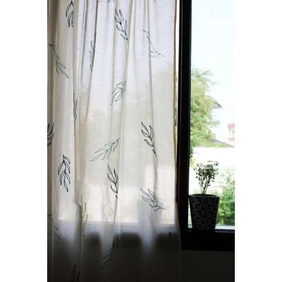 Azure Sage Leaf Embroidery Curtain