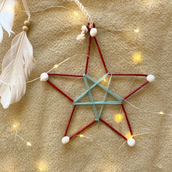 Red Metal Star With Pom Poms Red Metal Star With Pom Poms