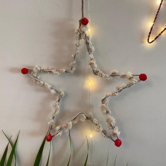 Silver Metal Star With Pom Poms Silver Metal Star With Pom Poms