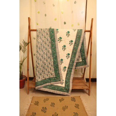 Green Flower Block Printed Quilt Single Bed Green Flower Block Printed Quilt Single Bed