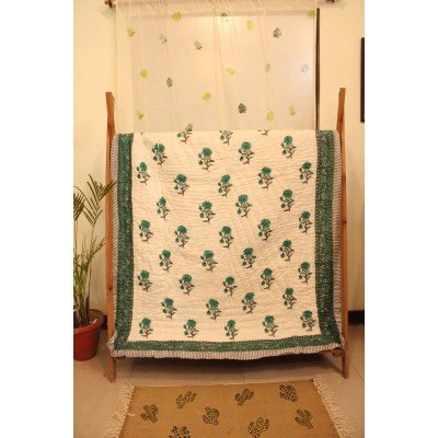 Green Flower Block Printed Quilt Single Bed Green Flower Block Printed Quilt Single Bed