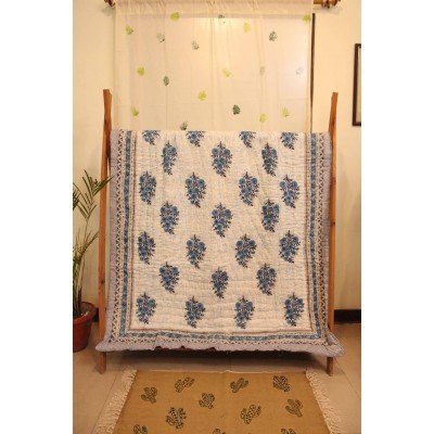 Blue Flower Block Printed Quilt Single Bed Blue Flower Block Printed Quilt Single Bed
