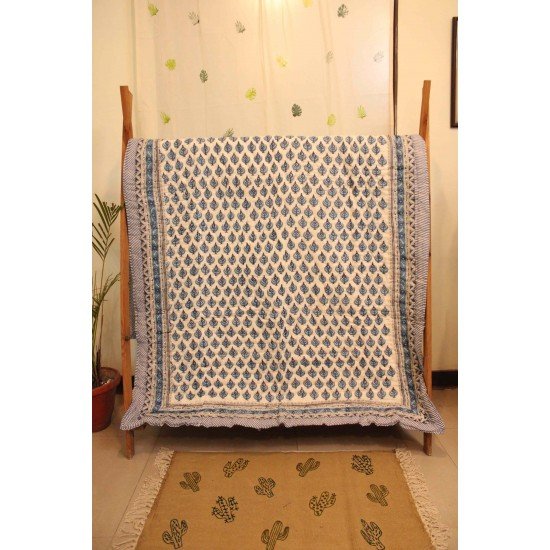 Blue Flower Block Printed Quilt Single Bed