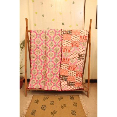 Pink Patchwork Block Printed Quilt Single Bed Pink Patchwork Block Printed Quilt Single Bed