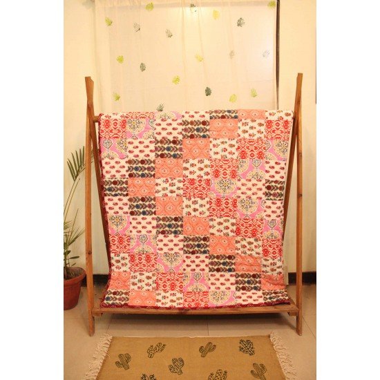 Pink Patchwork Block Printed Quilt Single Bed