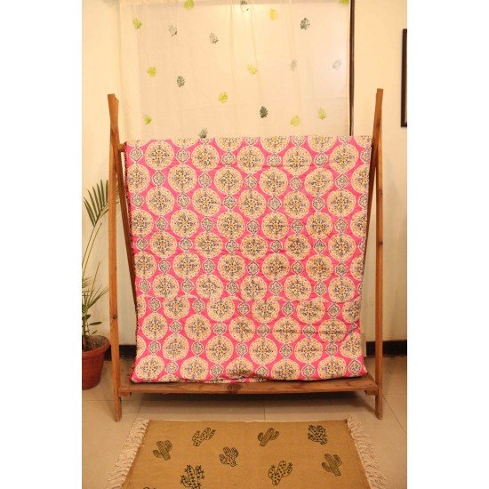 Pink Patchwork Block Printed Quilt Single Bed