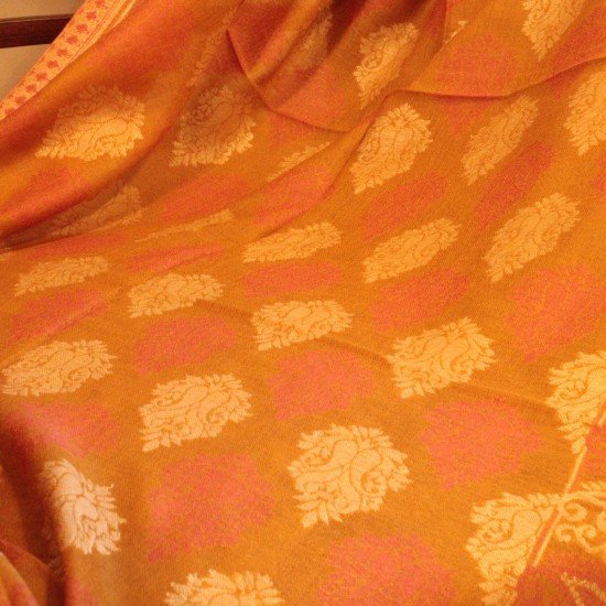 Pink White Motif on yellow base Kani Multicolour Stole