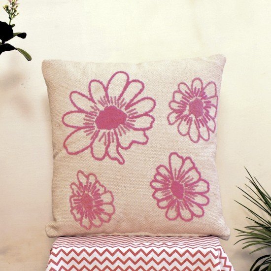 Pink Flowers Embroidered Cushion