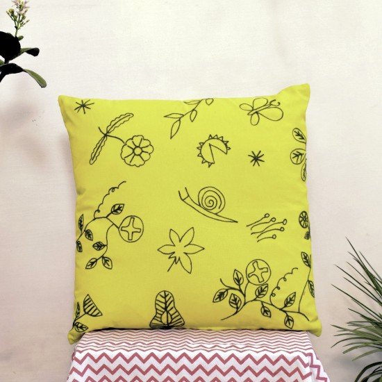 Yellow Nature Embroidered Cushion